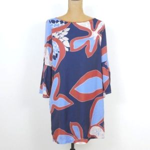 Gabriel Blue Brown Tan Retro 60's Floral Bell Sleeve SZ Med. Groovy Shift Dress